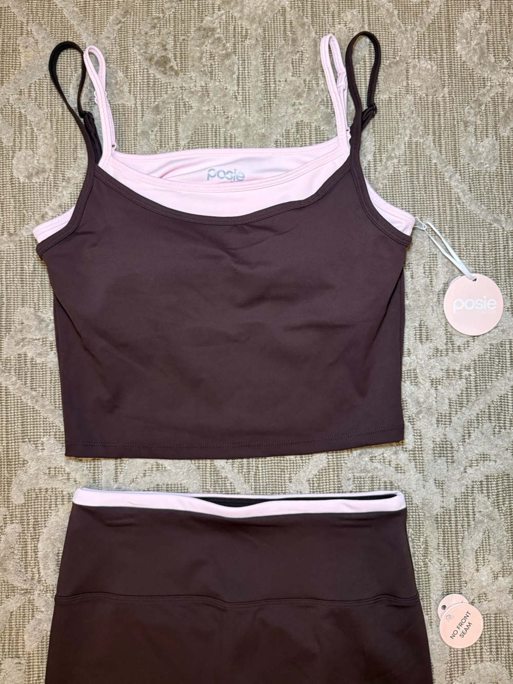 NWT Posie Double Layer Layered Brown Light Baby Pink Workout Set Size Small